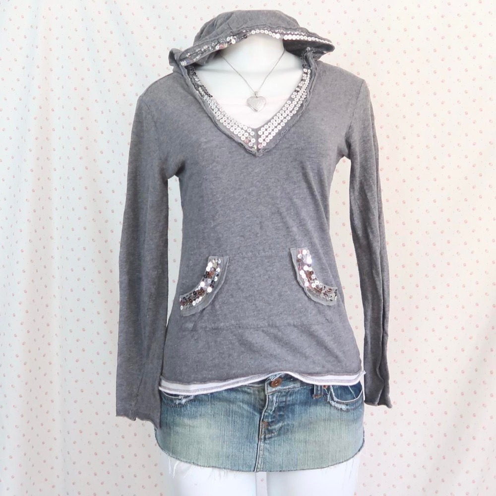 y2k gray sequin trim hoodie top